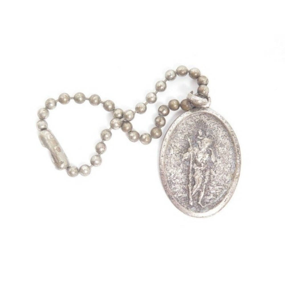 VINTAGE‎ CATHOLIC ST.CHRISTOPHER PROTECT US SILVER TONED KEY CHAIN CHARM MEDAL